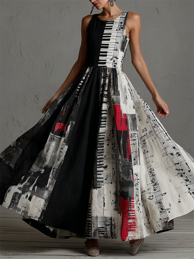 Music Notes Piano Keys Contrast Colorblock Linen Maxi Dress