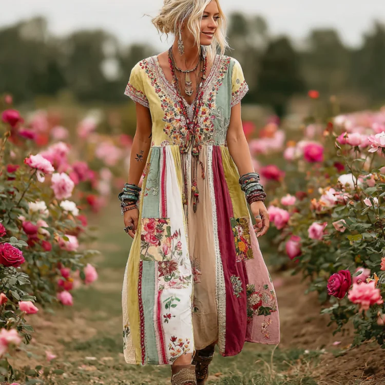 Women's Vintage Rose Floral Art Patchwork Comfy Maxi Dress