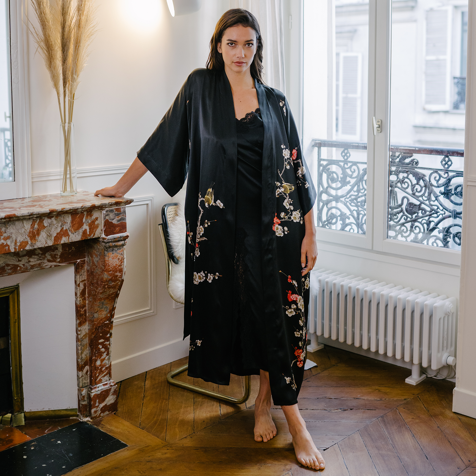 19 Momme Blooming Black Women's Silk Kimono Robe REAL SILK LIFE