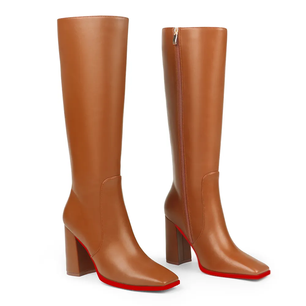 95mm/3.74 Women's Knee High Red Bottom Boots Chunky Heels Square Toe Boots Go Go Boots with Side Zipper-vocosishoes