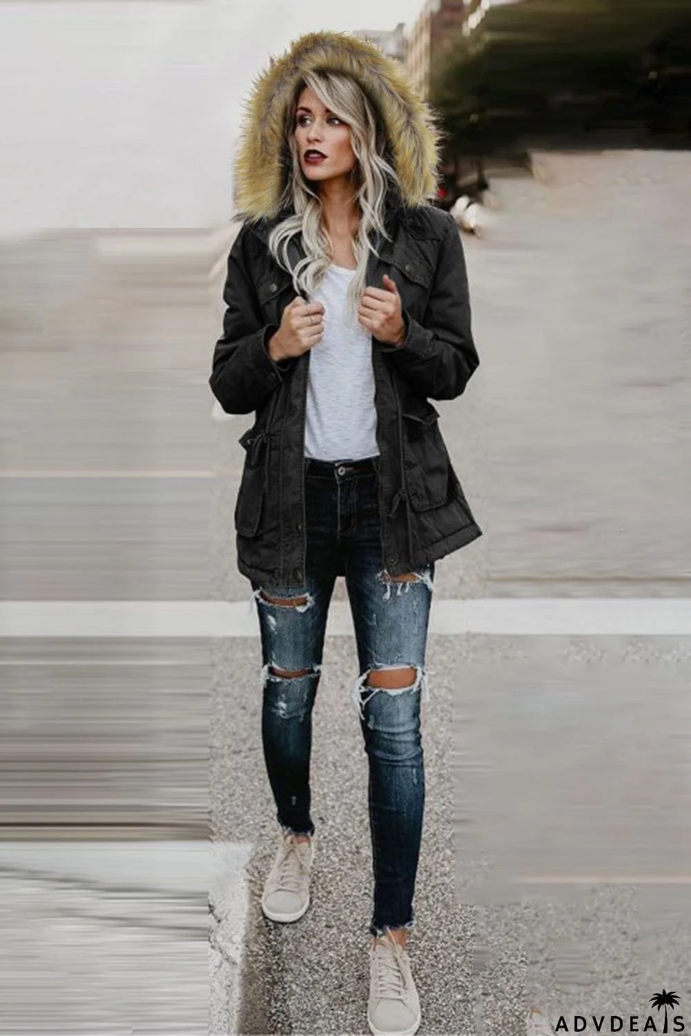 Zipper Snaps Pocket Plush Hooded Parka Jacket