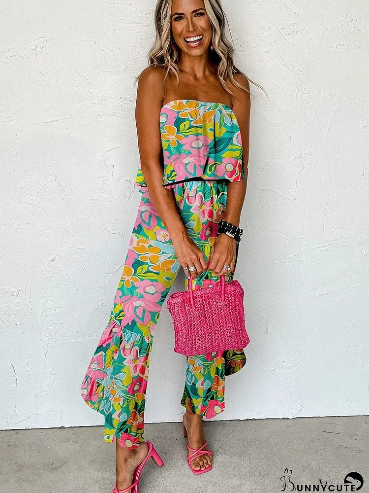 Women's Summer Floral Print Ruffle Jumpsuit