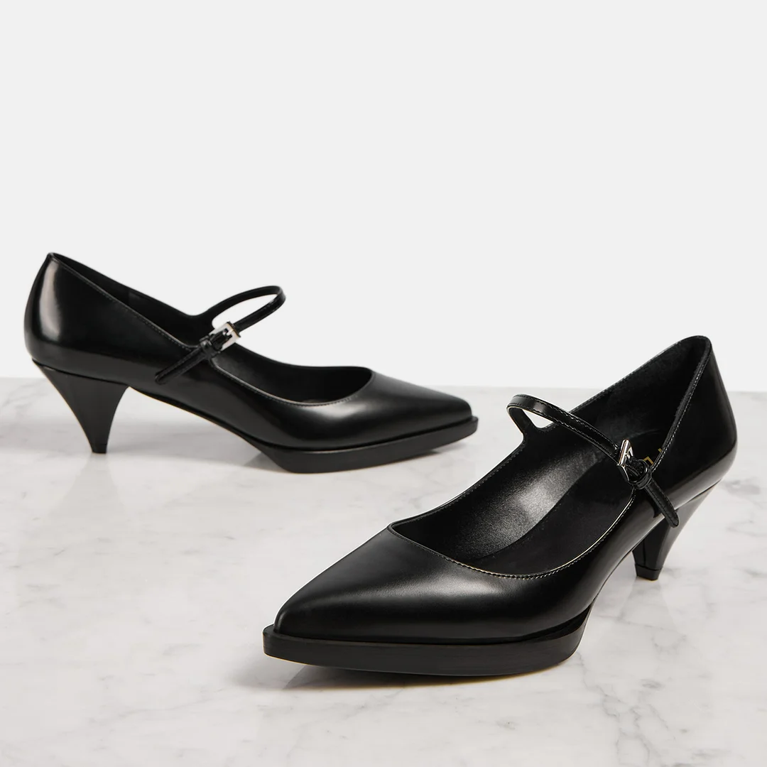 Black Vegan Leather Pointed Buckle Strap Formal Pumps with Pencil Heel