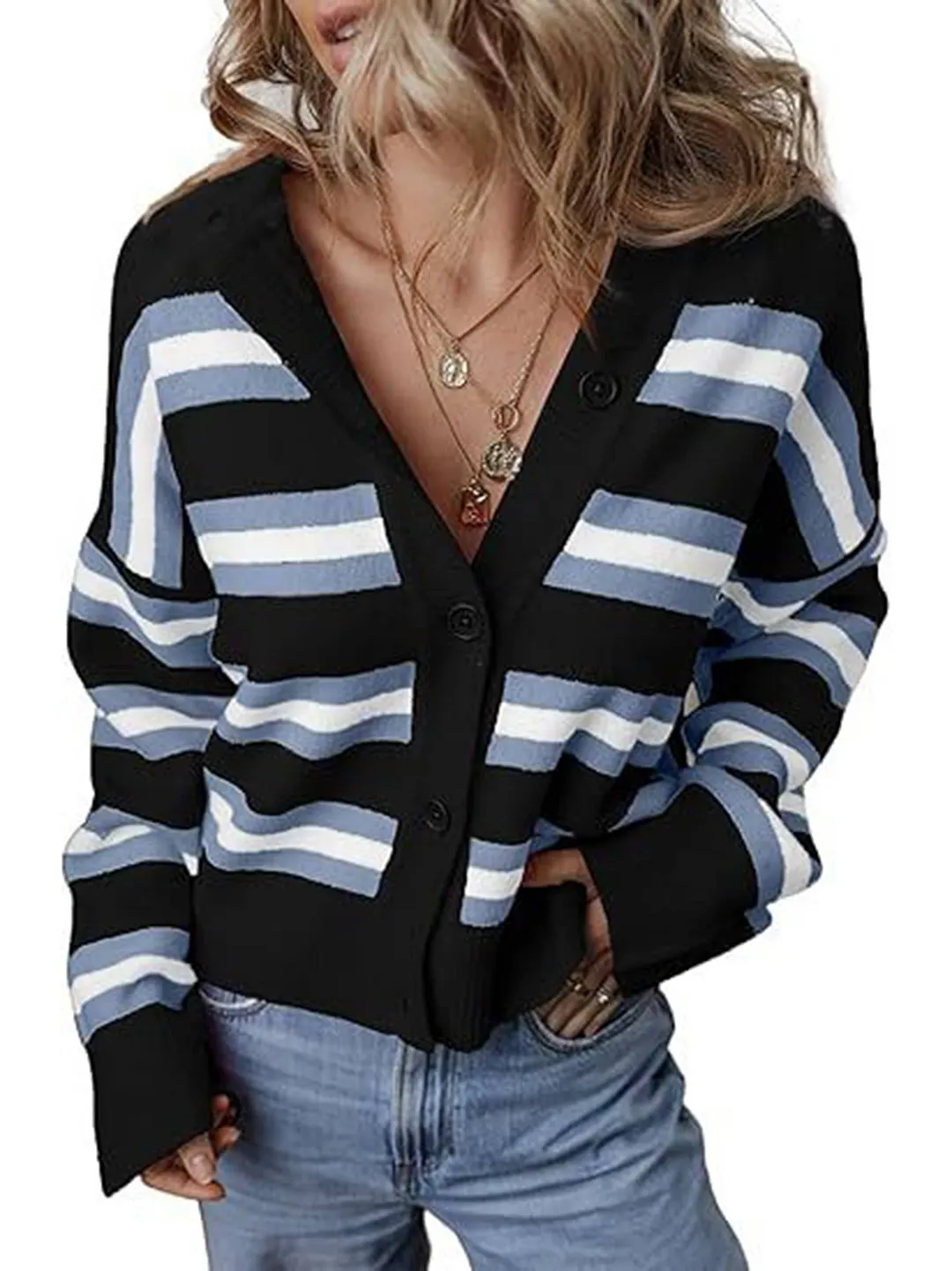 Striped Color Blocked Knitted Cardigan