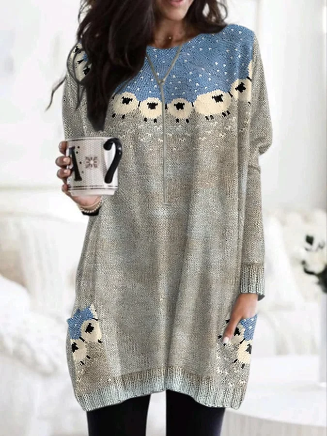 Retro Sheep Color Block With Pockets Print Dress