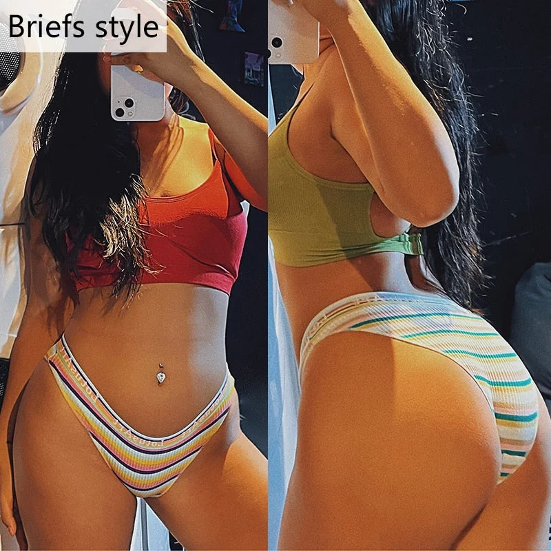 FINETOO Women Rainbow Panties Trendy Colorful Stripes Briefs Sexy Low Waist Underwear Women's Cotton Underpants Ladies Intimate