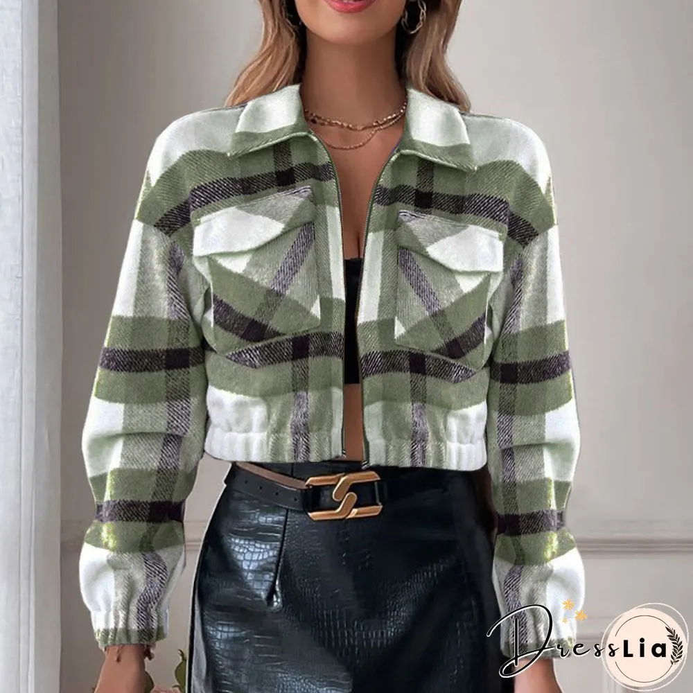 Casual Women Long Sleeve Lapel Zipper Short Jacket Fashion Plaid Printed Ladies Autumn