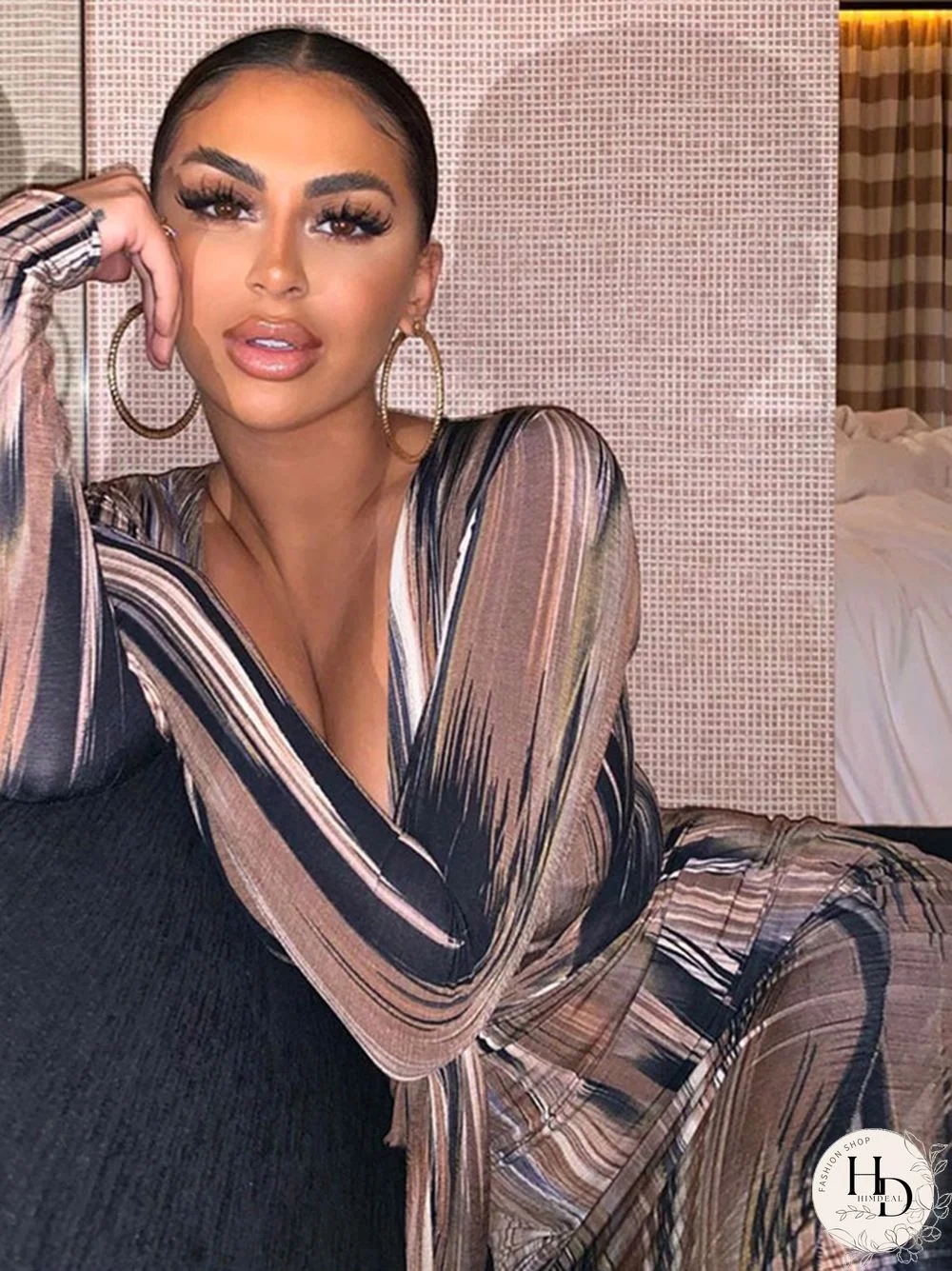 Tie Dye Print Women Midi Dress Long Sleeve Bodycon Sexy Bandage Bodycon Sexy Autumn Winter Clothes Party Dinner