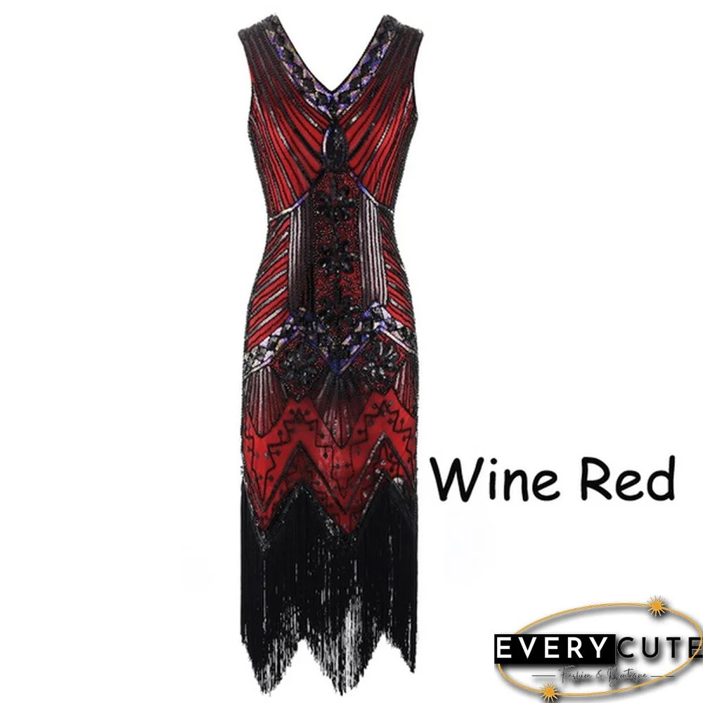 Vintage Dress Great Gatsby Dress 1920S Sequin Flapper Evening Dress Prom Tassel Hem Dress