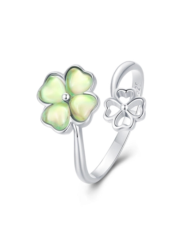 White Gold Plated 925 Sterling Silver Glass Four Leaf Clover Open Rings
