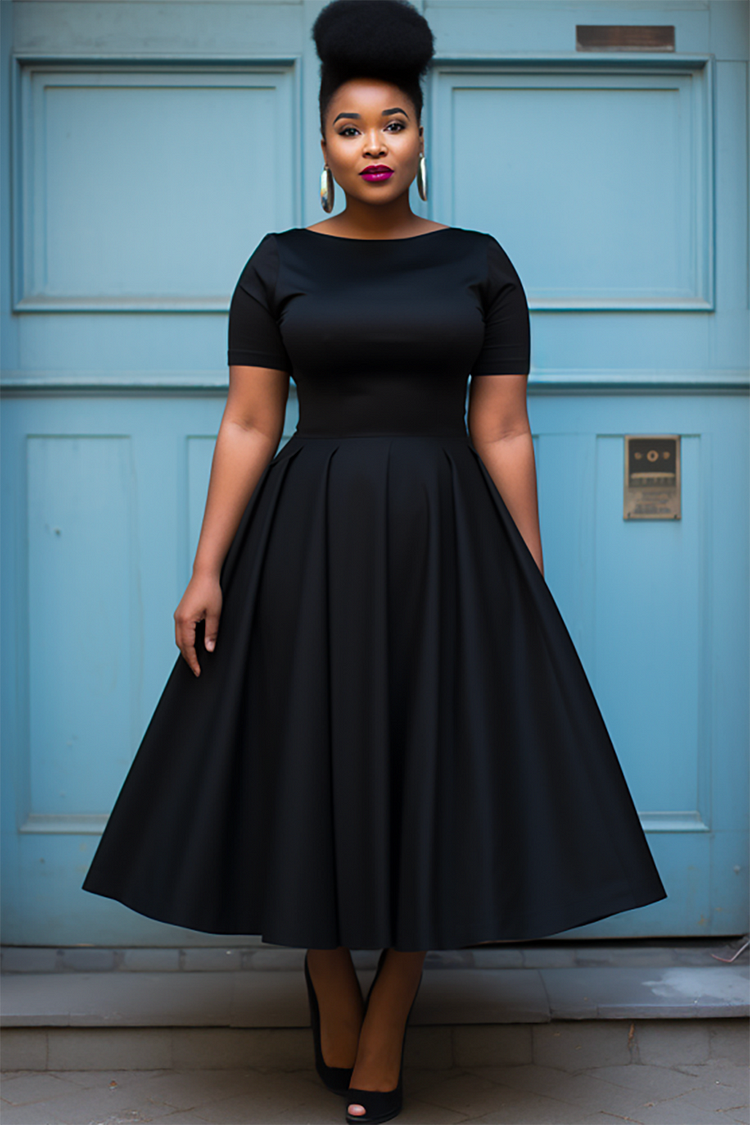 Xpluswear Design Plus Size Semi Formal Black Round Neck Short Sleeve Midi Dresses