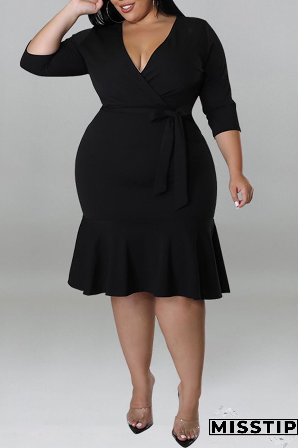 Black Casual Solid Bandage Patchwork Flounce V Neck Straight Plus Size Dresses