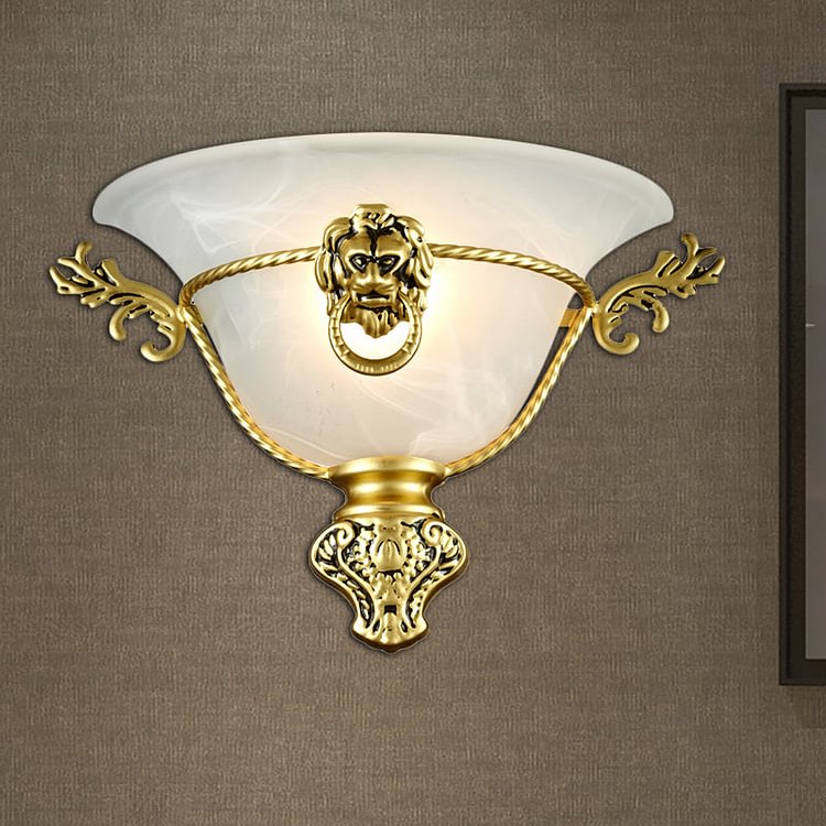 1 Bulb Trumpet Wall Lamp Colonialist Opal Glass Sconce Light Fixture with Copper/Brass Lion Metal Deco for Bedside