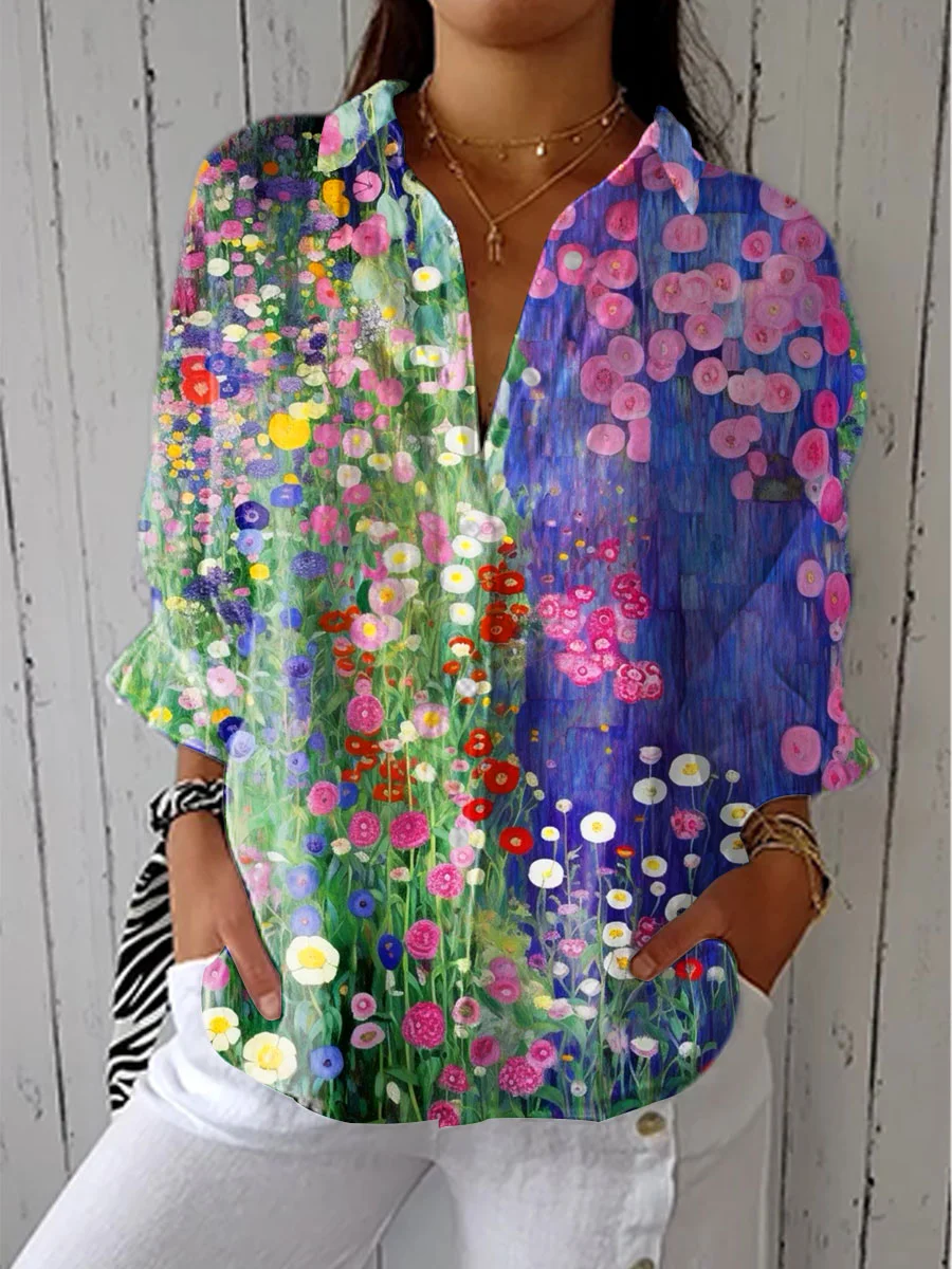 Women's Vintage Colorful Flower Art Print Casual Linen V-neck Shirt