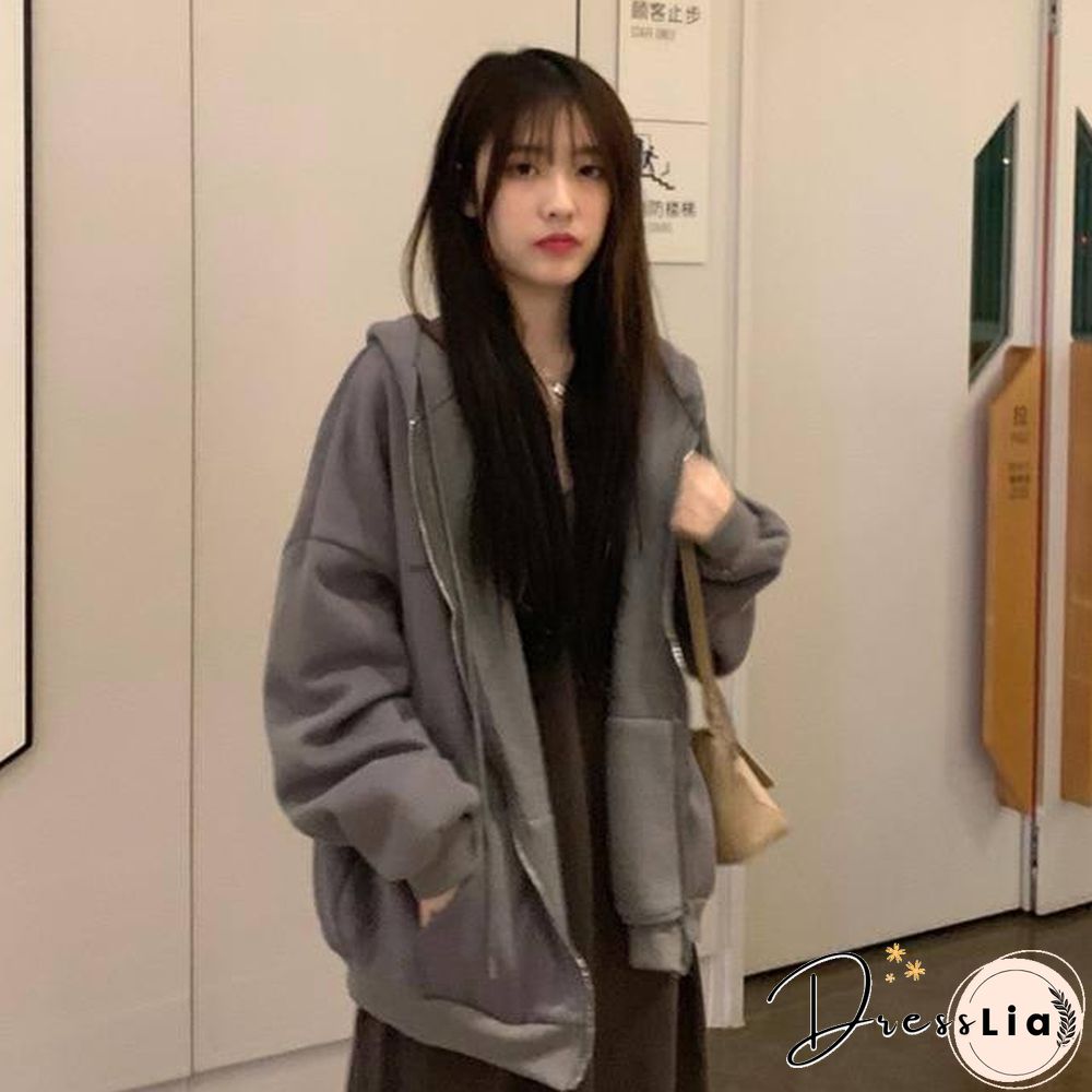 streetwear Harajuku Oversized sweatshirt women print Letter zip up Hoodies Student Plus Size Outwear Female Loose tops