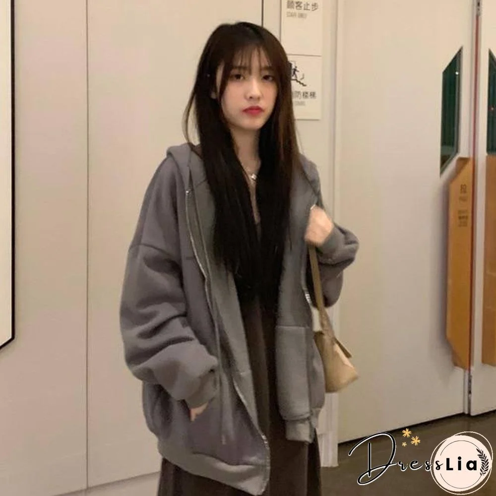 streetwear Harajuku Oversized sweatshirt women print Letter zip up Hoodies Student Plus Size Outwear Female Loose tops