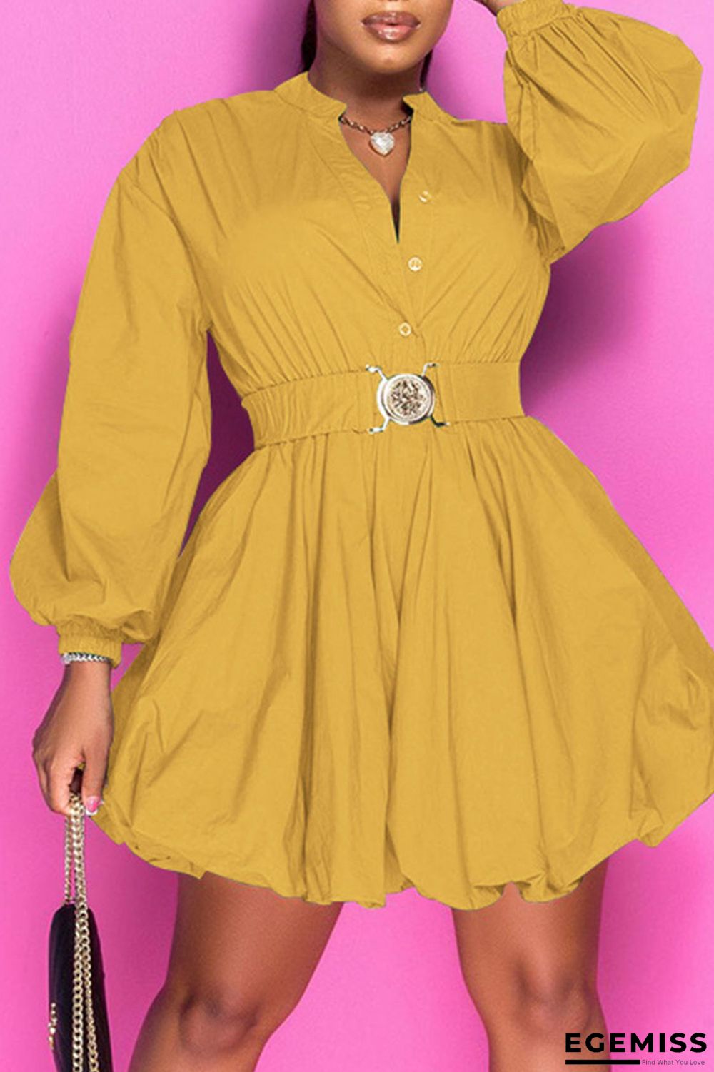 Yellow Fashion Casual Solid Patchwork Buckle Fold Mandarin Collar A Line Dresses | EGEMISS