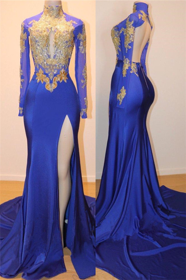 Royal Blue Long Sleeves Prom Dresses Fit and Flare Slit Prom Dress Appliques - lulusllly