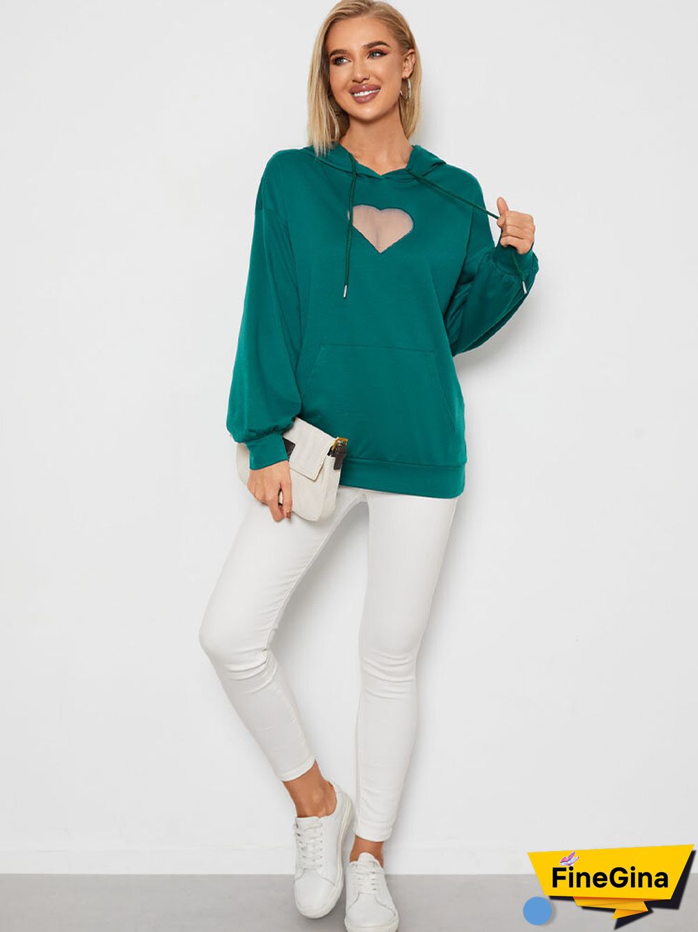 Heart Mesh Kangaroo Pocket Drawstring Loose Hoodie