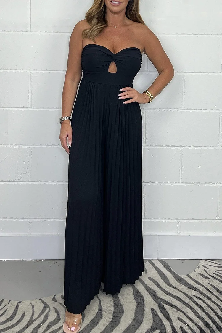 Sweetheart Neck Twisted Cutout Strapless Pleated Plain Wide Leg Jumpsuit