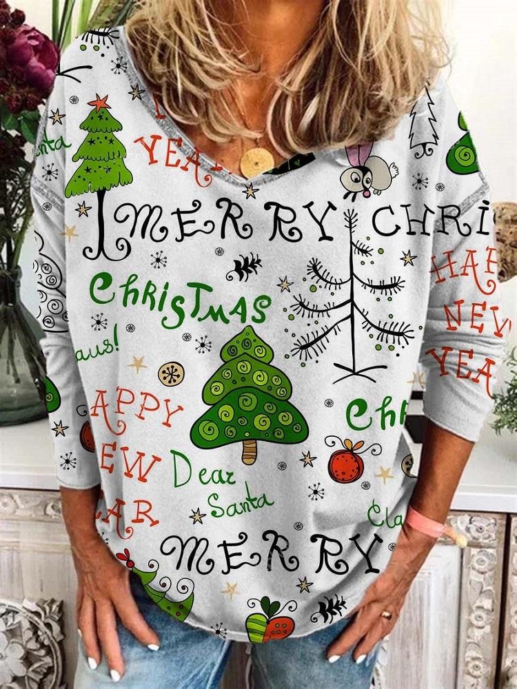 Women's Merry Christmas Happy New Year Tree Printed V-Neck Long Sleeve Top