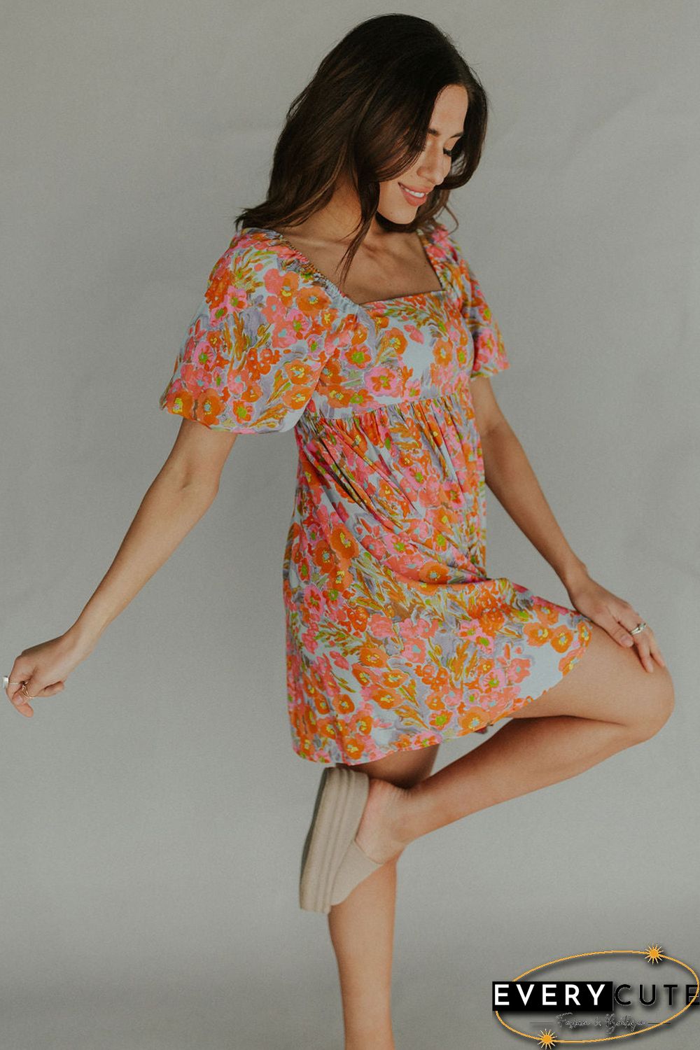 Orange High Waist Square Neck Puff Sleeve Floral Dress