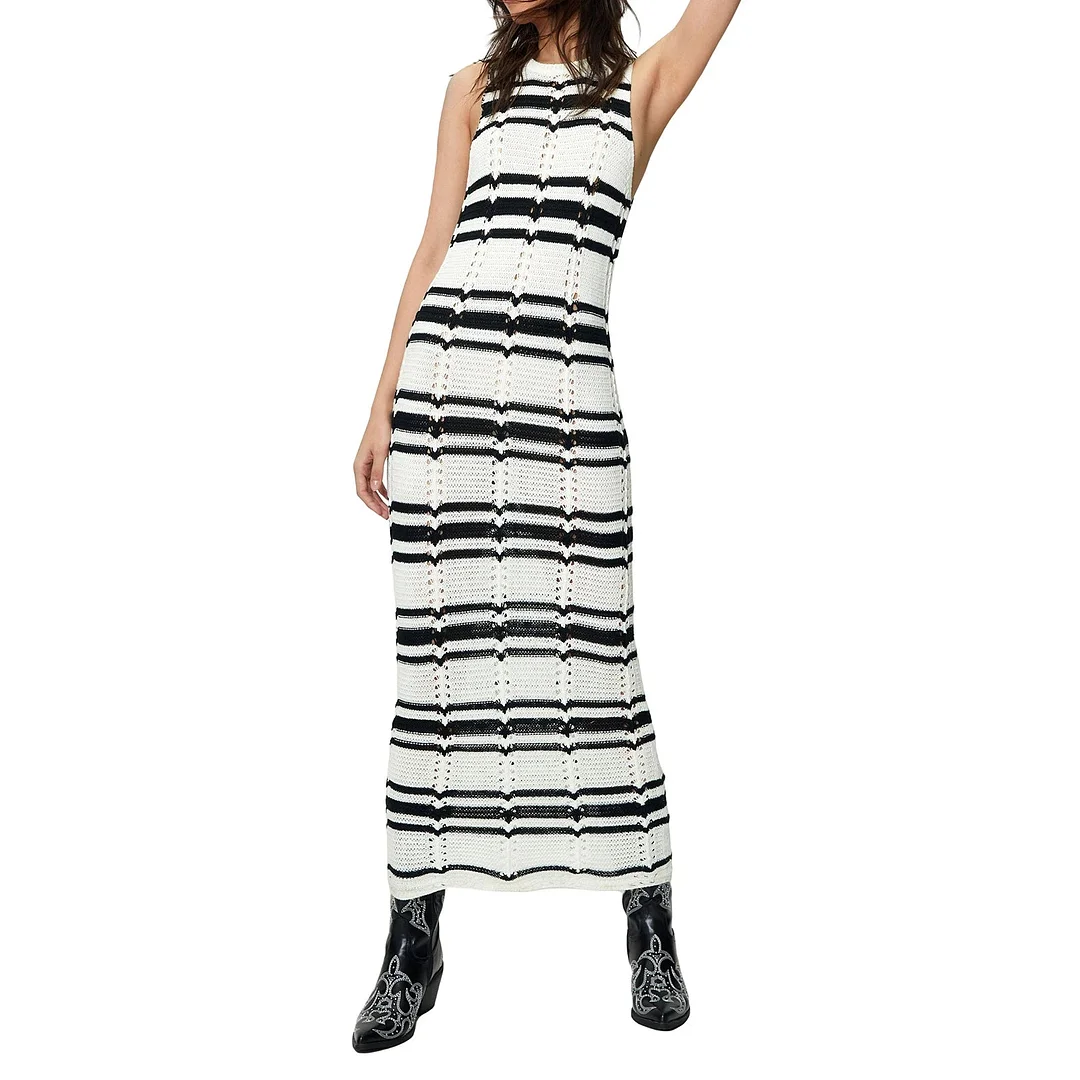 Huiketi Women's Casual Long Dress O-Neck Sleeveless Contrast Color Striped Knitted Summer Slim Fit Holiday Beach Dresses