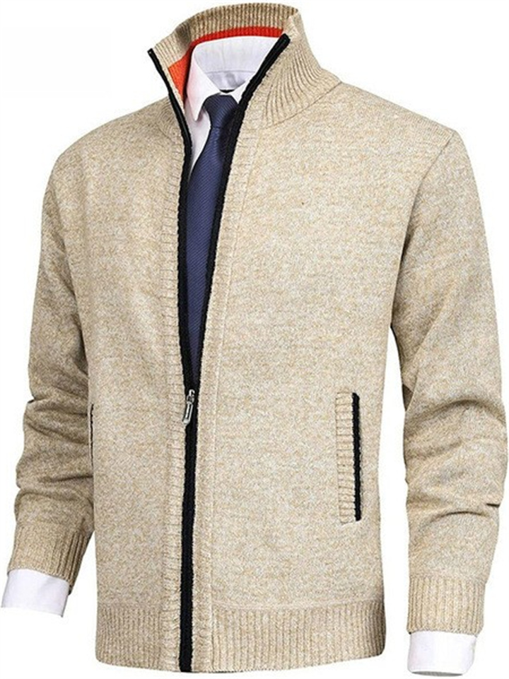 Men's Solid Color Stand Collar Fashion Cardigan Sweater