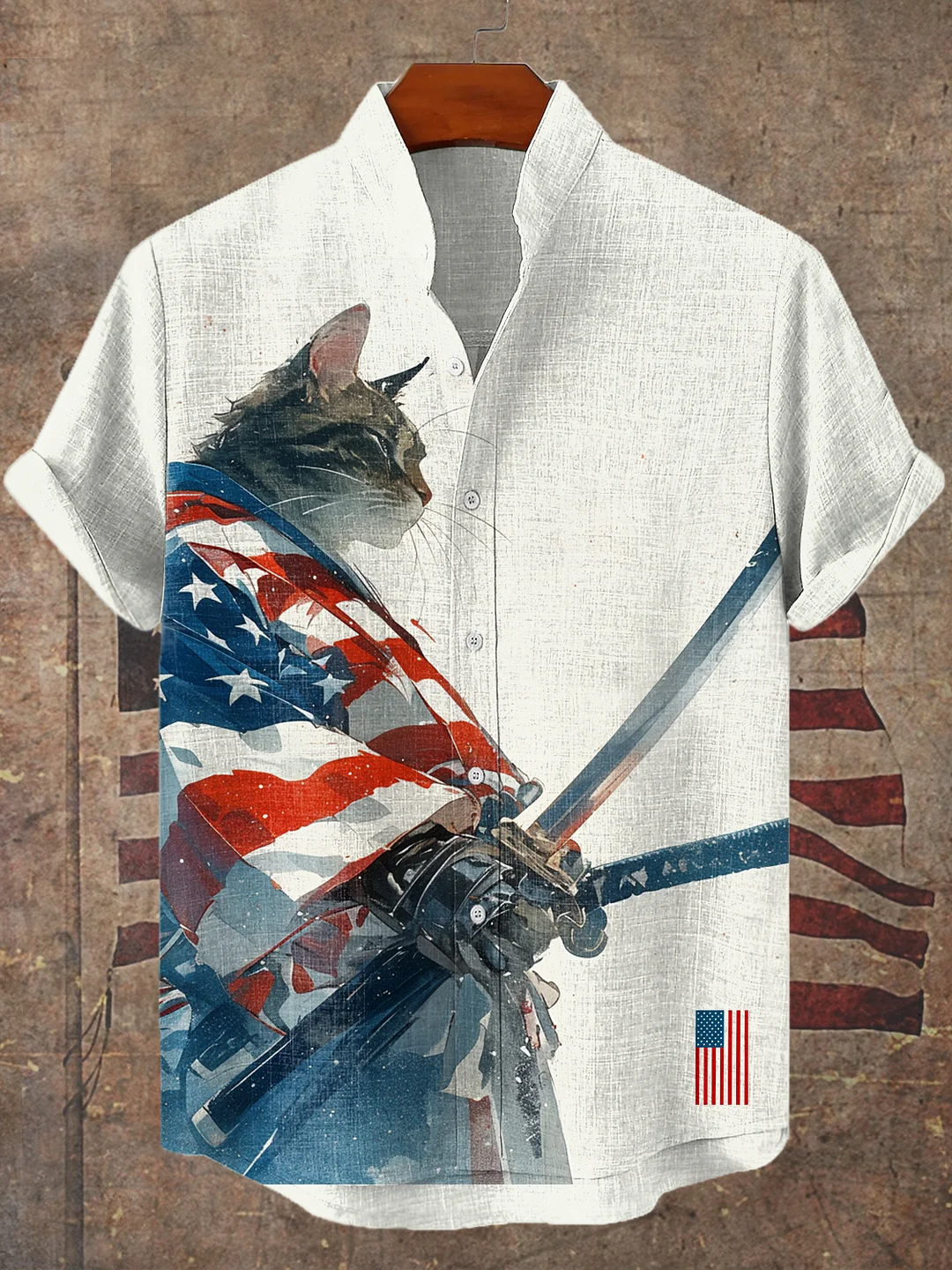 Men's American Flag Robe Cat Ink Painting Short Sleeve Linen Blend Shirt