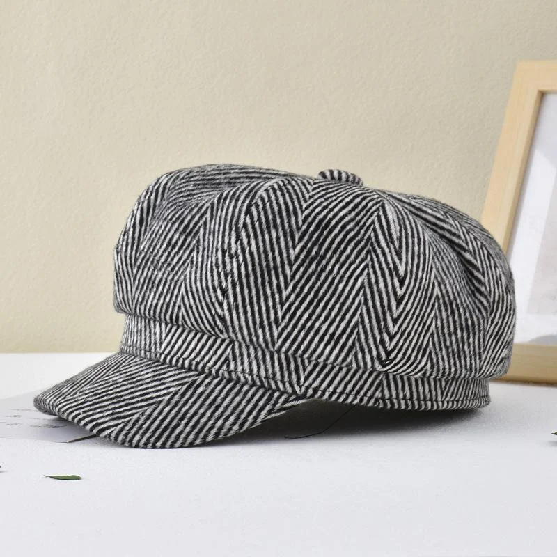 Women's Beret Hats Vintage Stripe Wide Brim Wool Newsboy Hats