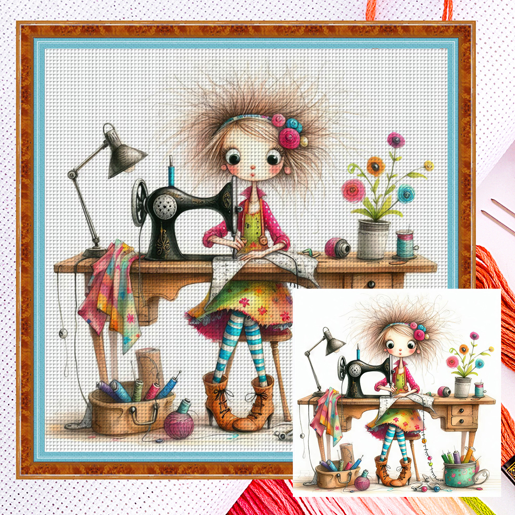 Sewing Girl Full 11CT Counted Canvas(40*40cm) Cross Stitch