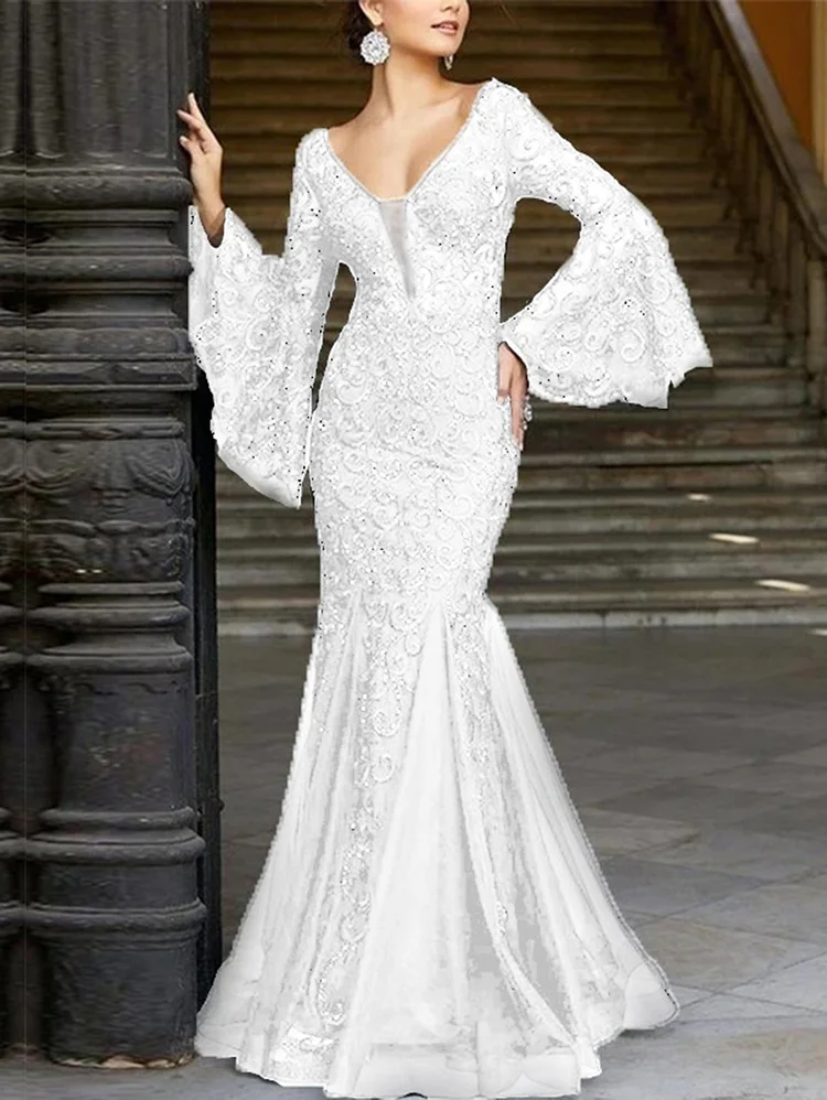 Elegant V Neck Flare Sleeve Lace Embroidered Fishtail Maxi Dress