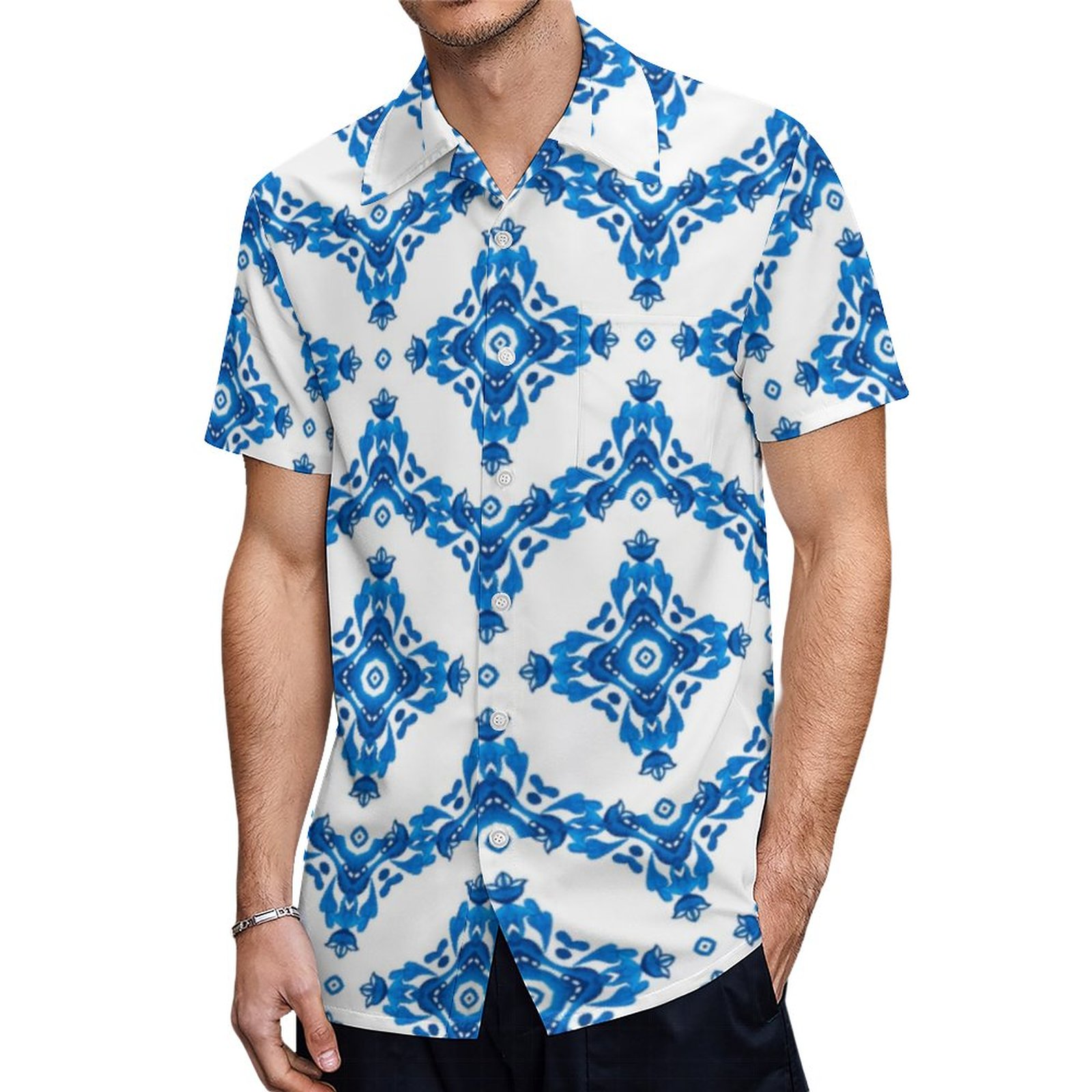 White And Blue Mediterranean Greek Tile | Men's Tropical Print Hawaiian Beach Vacation Shirt | Pirate Hawaiian Shirt Night | Sewing Pattern Hawaiian Shirt | Summer Vacation Dress | Vacation Resort