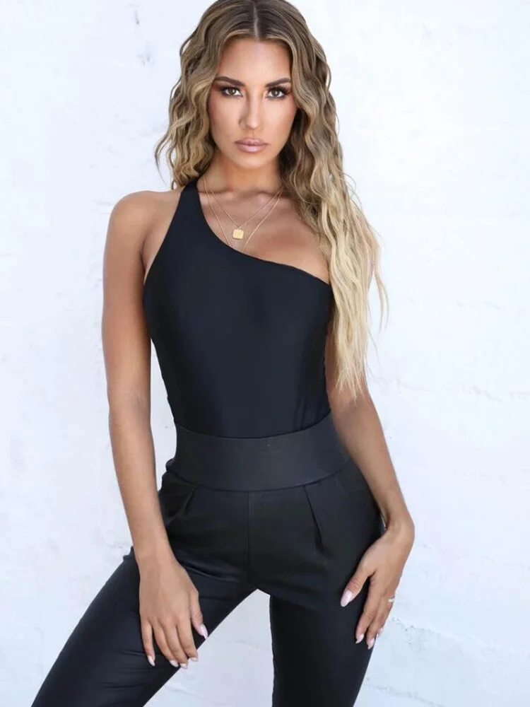 Black one shoulder bodysuit Backless opening Thick shoulder strap Cheeky cut bottom drop shipping