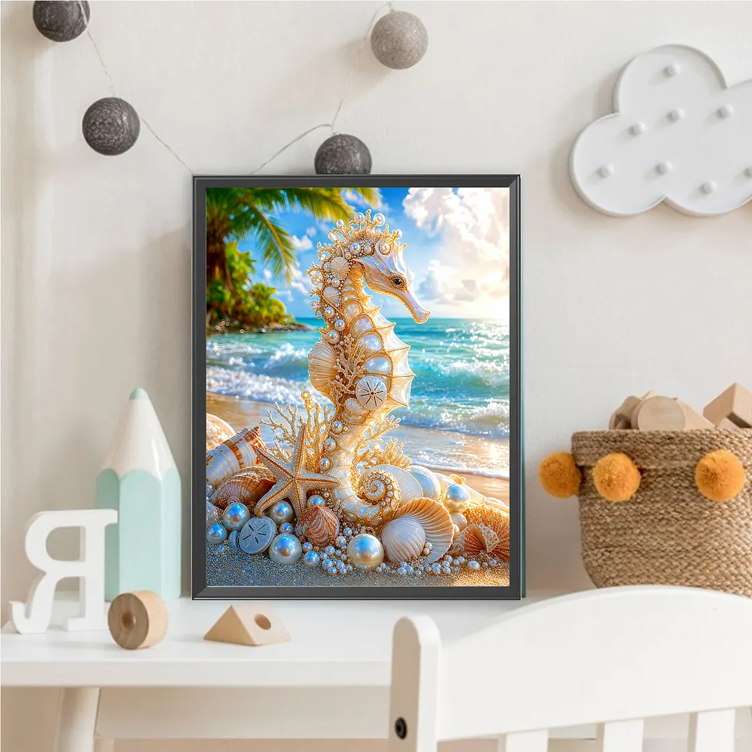 Pearl Seahorse Ornament Full DIY 5D Round Drill Diamond Painting Kit for Adults/Beginners Gift Home Decor Diamond Dots Paintings Picture Arts Craft 30x40cm