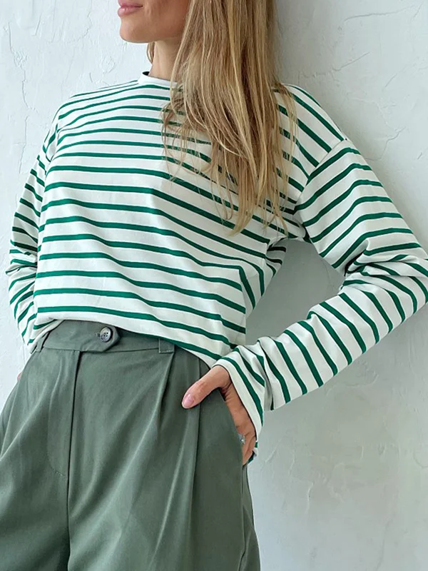 Long Sleeves Loose Striped Round-Neck T-Shirts Tops
