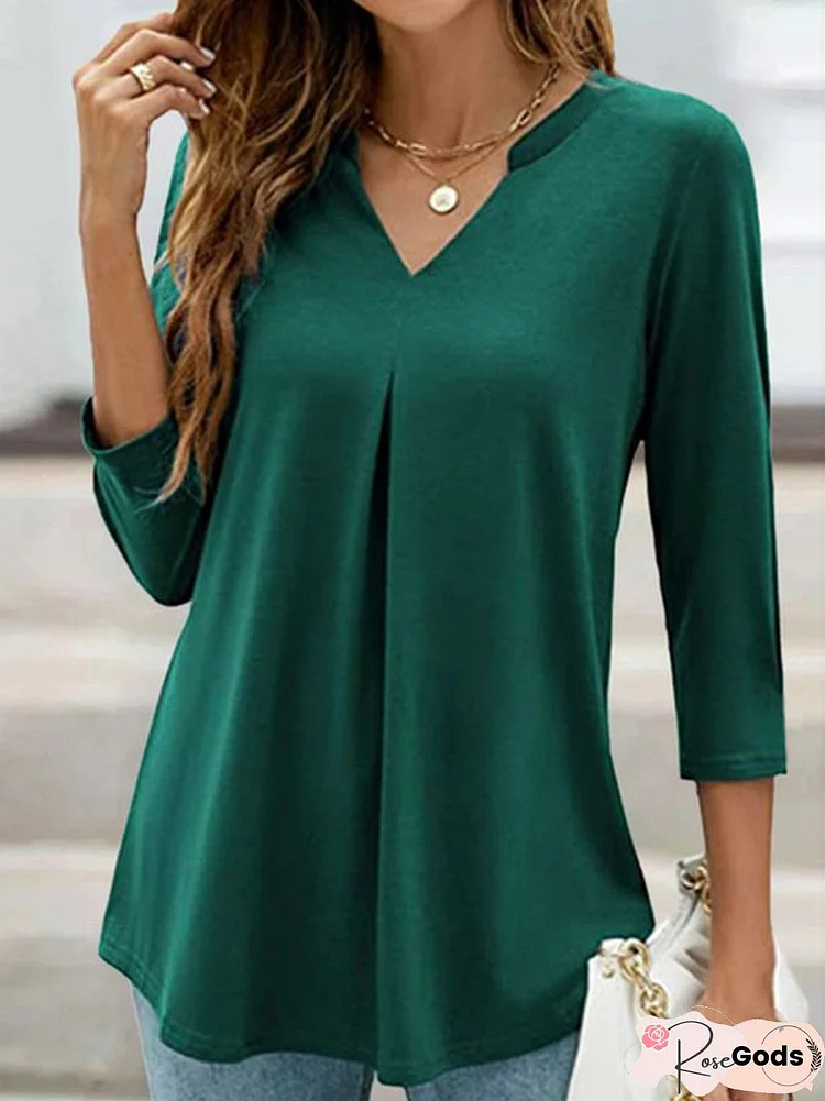 Women Casual Plain Autumn V Neck Daily Loose Jersey A-Line Regular Tops