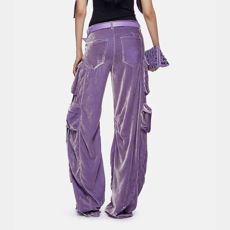 Woherb Woherb Design Sense Multi-Pocket High Waist Velvet Autumn 2024 New Solid Color Model Loose Wide-Leg Pants Woman-Outfit Ideas