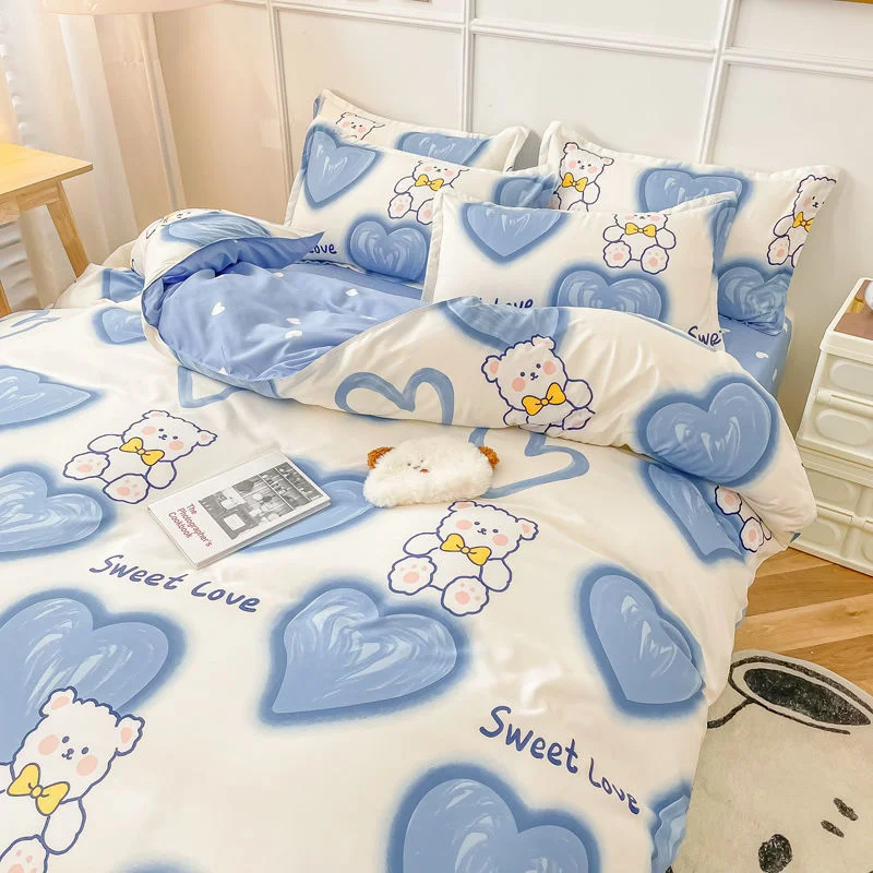 Xpoko Cute Bear Bedding Set Girls Boys Kids Single Double Size Flat Sheet Duvet Cover Pillowcase Bed Linens White Blue Home Textile