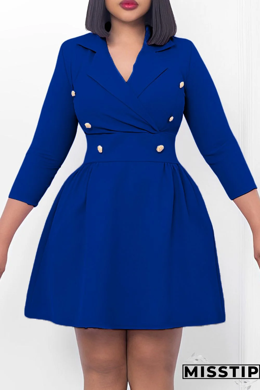 Blue Casual Solid Patchwork Turndown Collar A Line Dresses