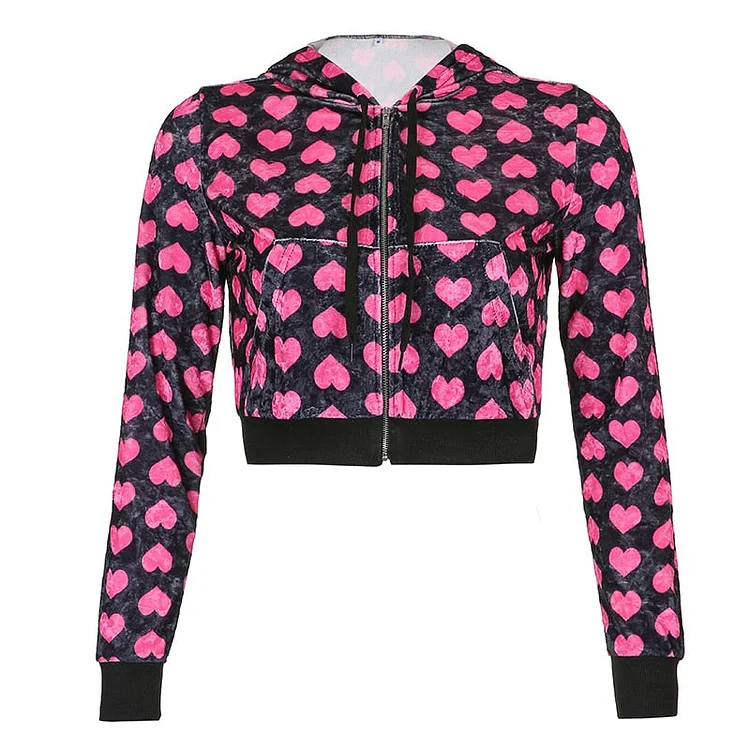 Sweetown Pink Velvet Cute Y2K Hoodies Women Heart Print Kawaii Jackets Zip Up Long Sleeve Cropped Sweatshirts Autumn Tops 2022