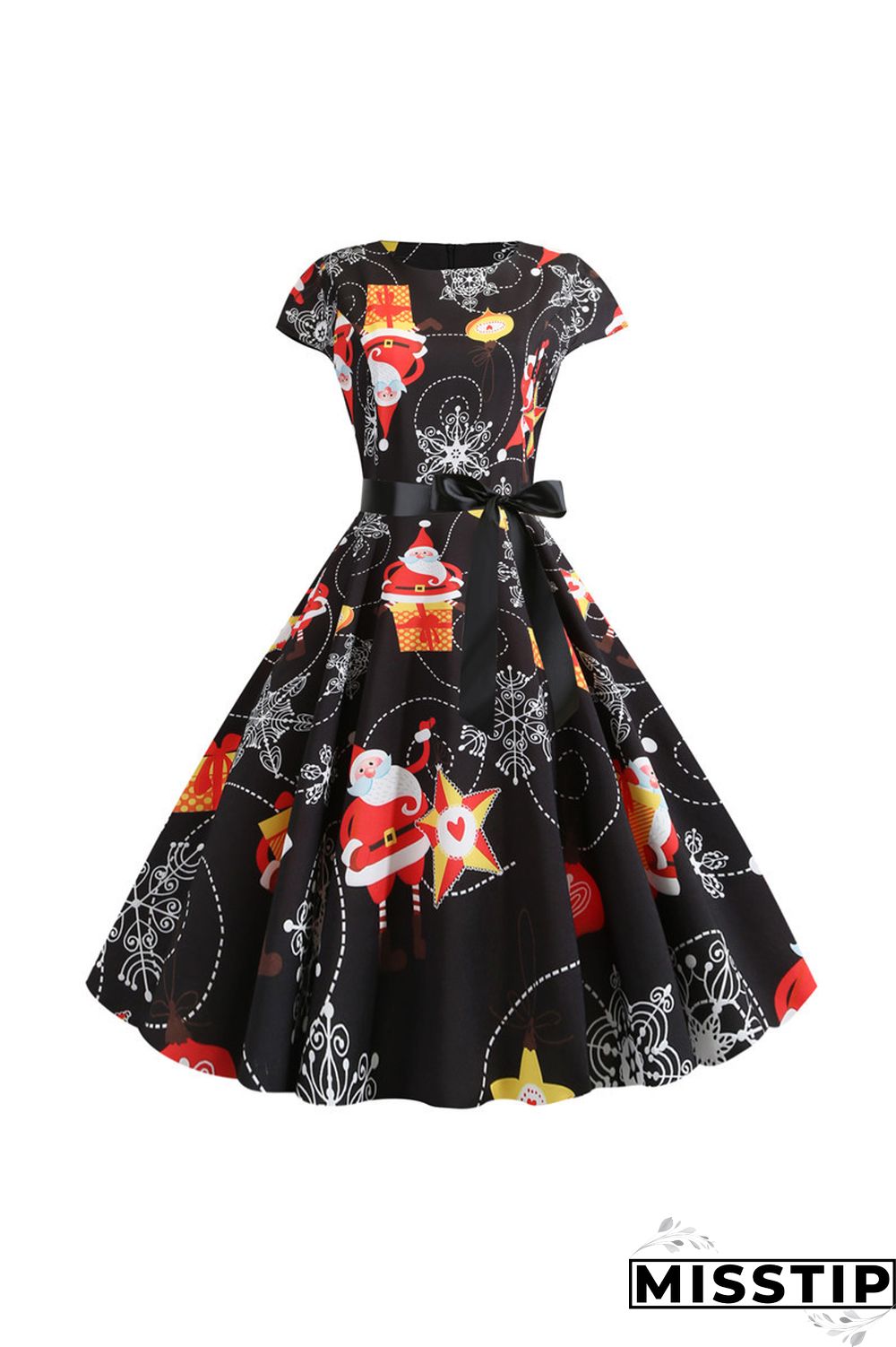 LeafPrint Christmas Short Sleeve Swing Dress