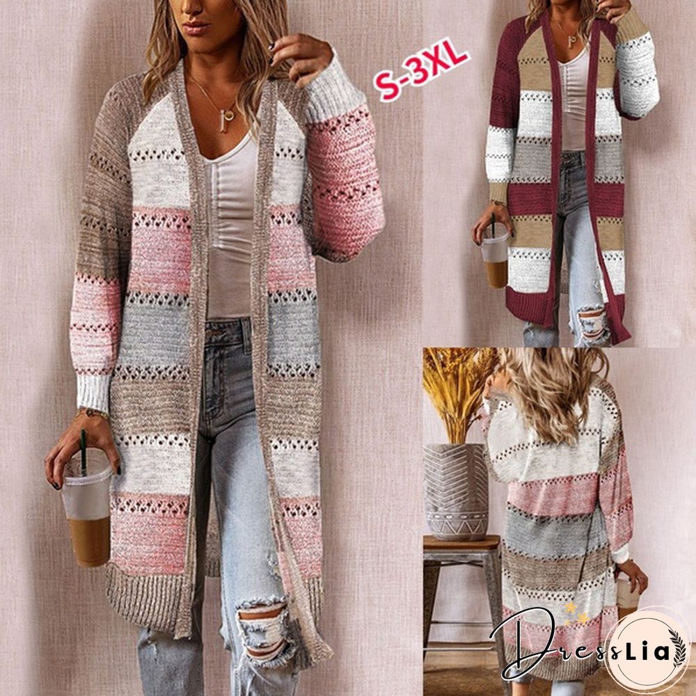 New Fashion Women Cardigan Comfy Stylish Stitching Long Sleeve Striped Patchwork Sweater Female Casual Long Cardigan Autumn Winter Tops