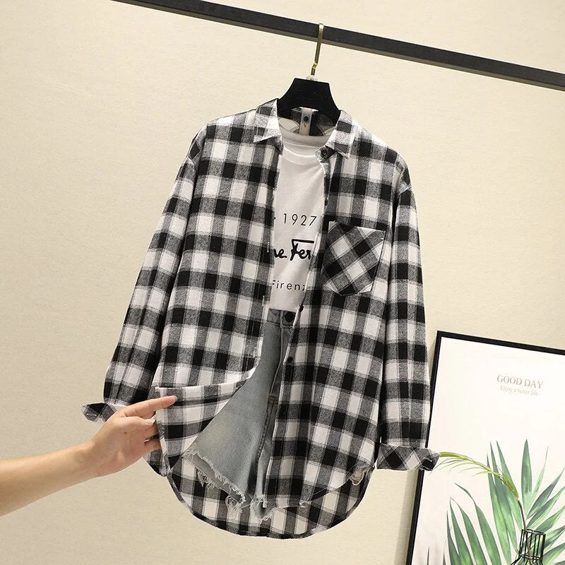 Women Blouses Shirts Tunic Womens Tops 2020 Long Sleeve Clothing Button Up Down Plaid New Fashion Autumn Turn-down Collar Good