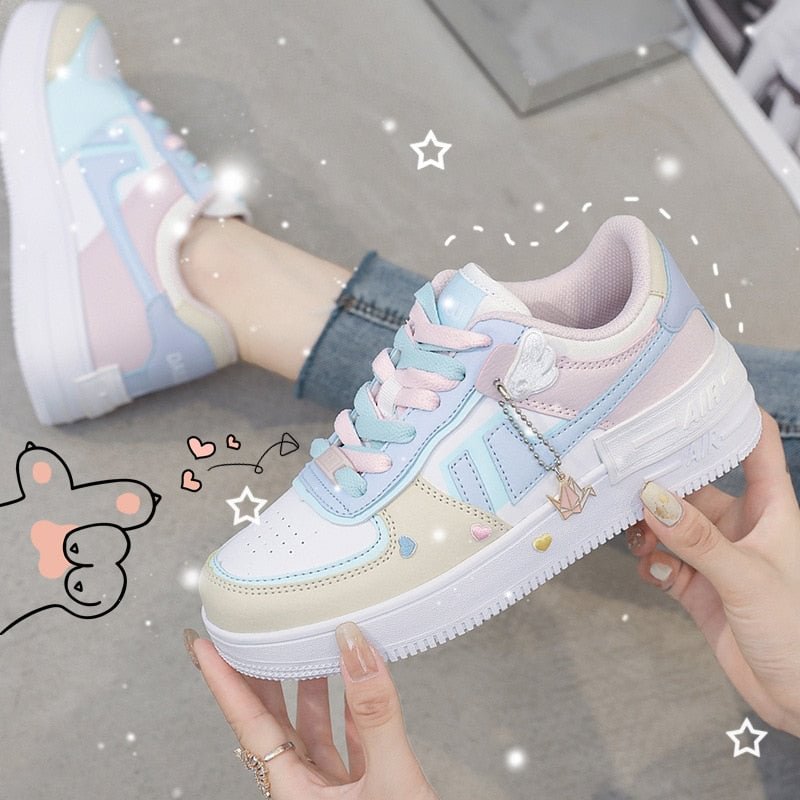 New Women Shoes Korean Women's Sneakers Pink Thick-soled White Shoes Flat Shoes Autumn Lace-up Female Vulcanized Shoes