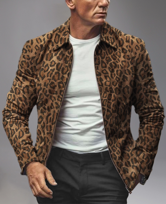 Okaywear Casual Suede Leopard Pattern Zipper Slant Pocket Jacket