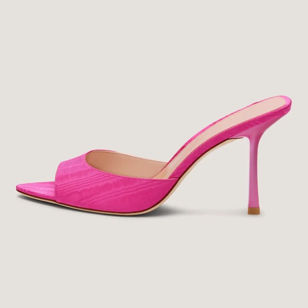 Fuchsia Fabric Slip On Open Toe Stiletto Heel Slide Sandals