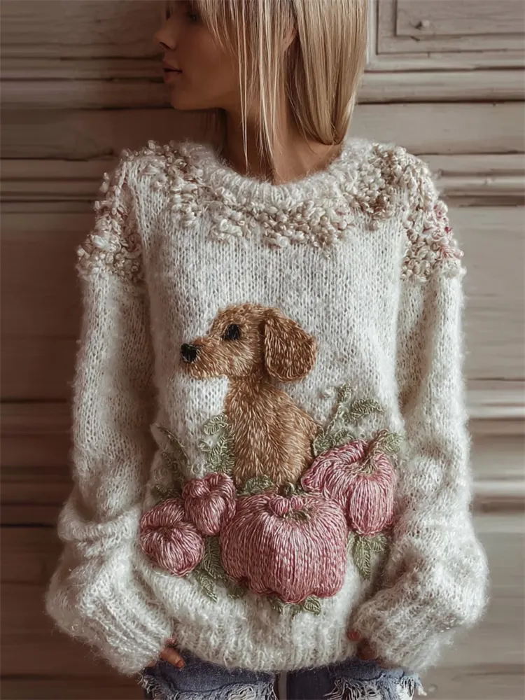 Lovely Dog & Pink Pumpkins Cozy Fuzzy Knit Sweater
