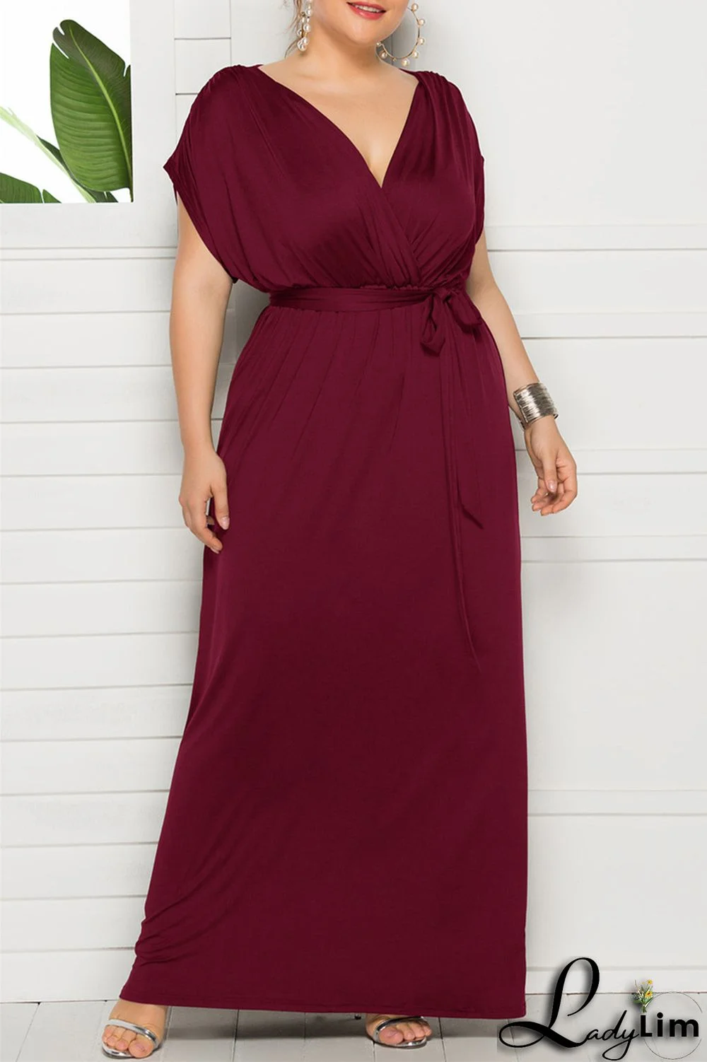 Burgundy Fashion Casual Plus Size Solid Split Joint V Neck Long Dress