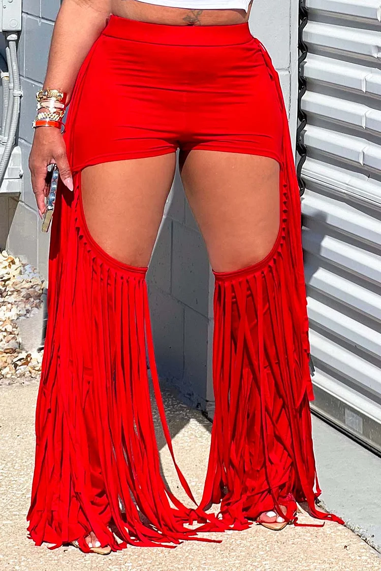 Cutout Fringed Trim Casual Solid Color Pants-Red